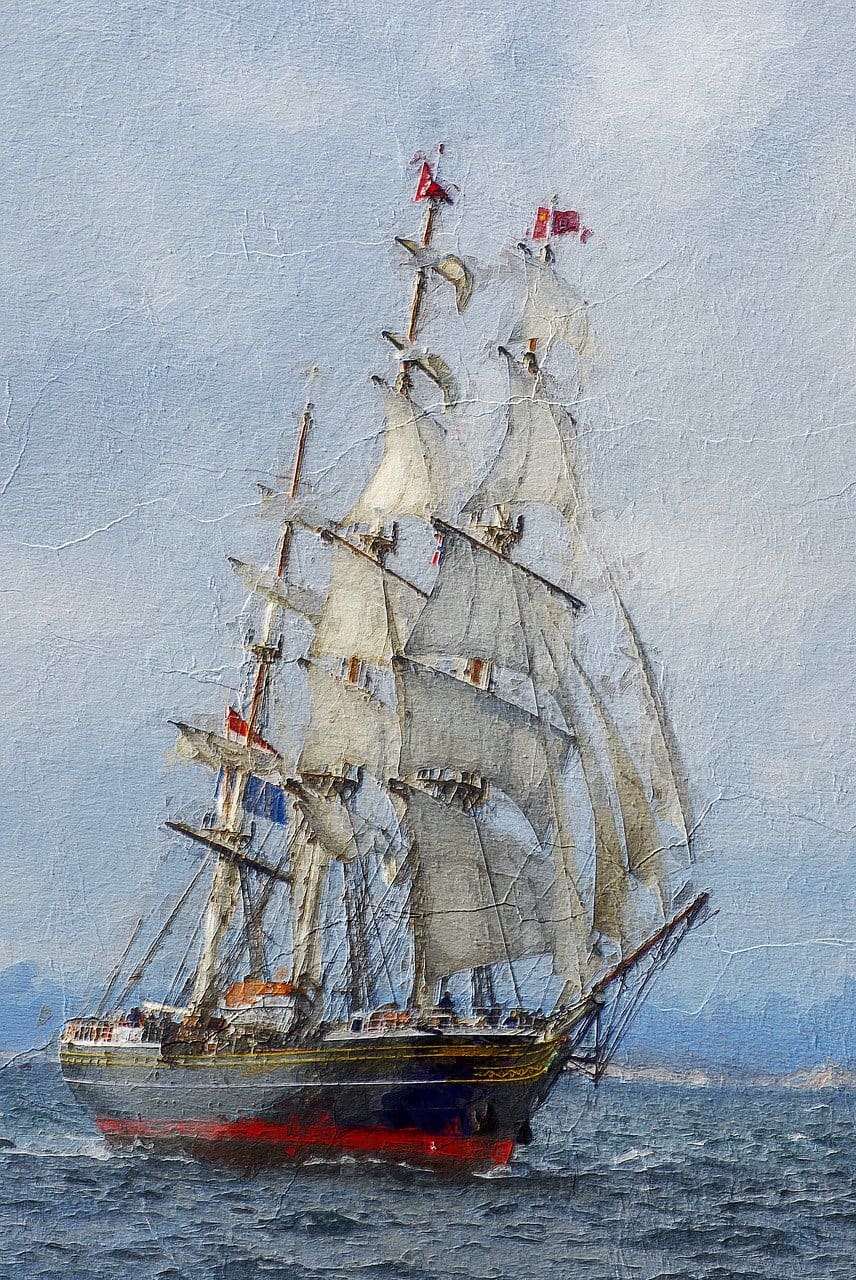 A painting of a large sail boat in the ocean.