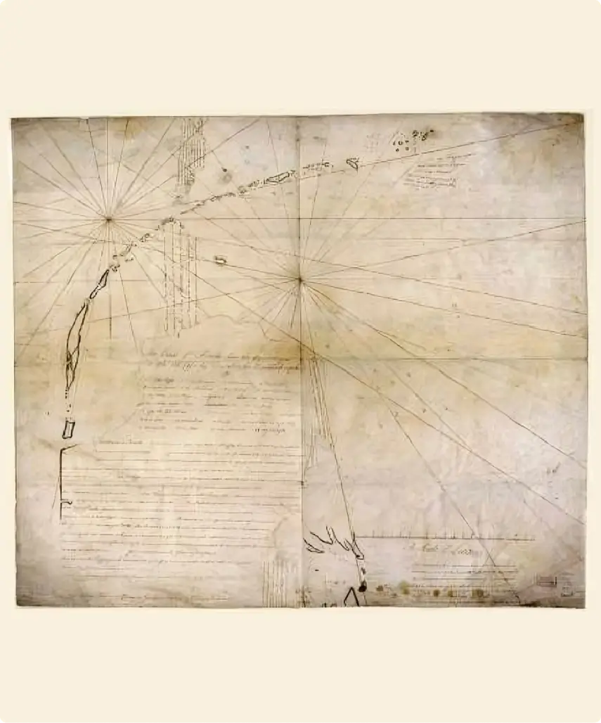 Hand-drawn nautical chart with compass lines.
