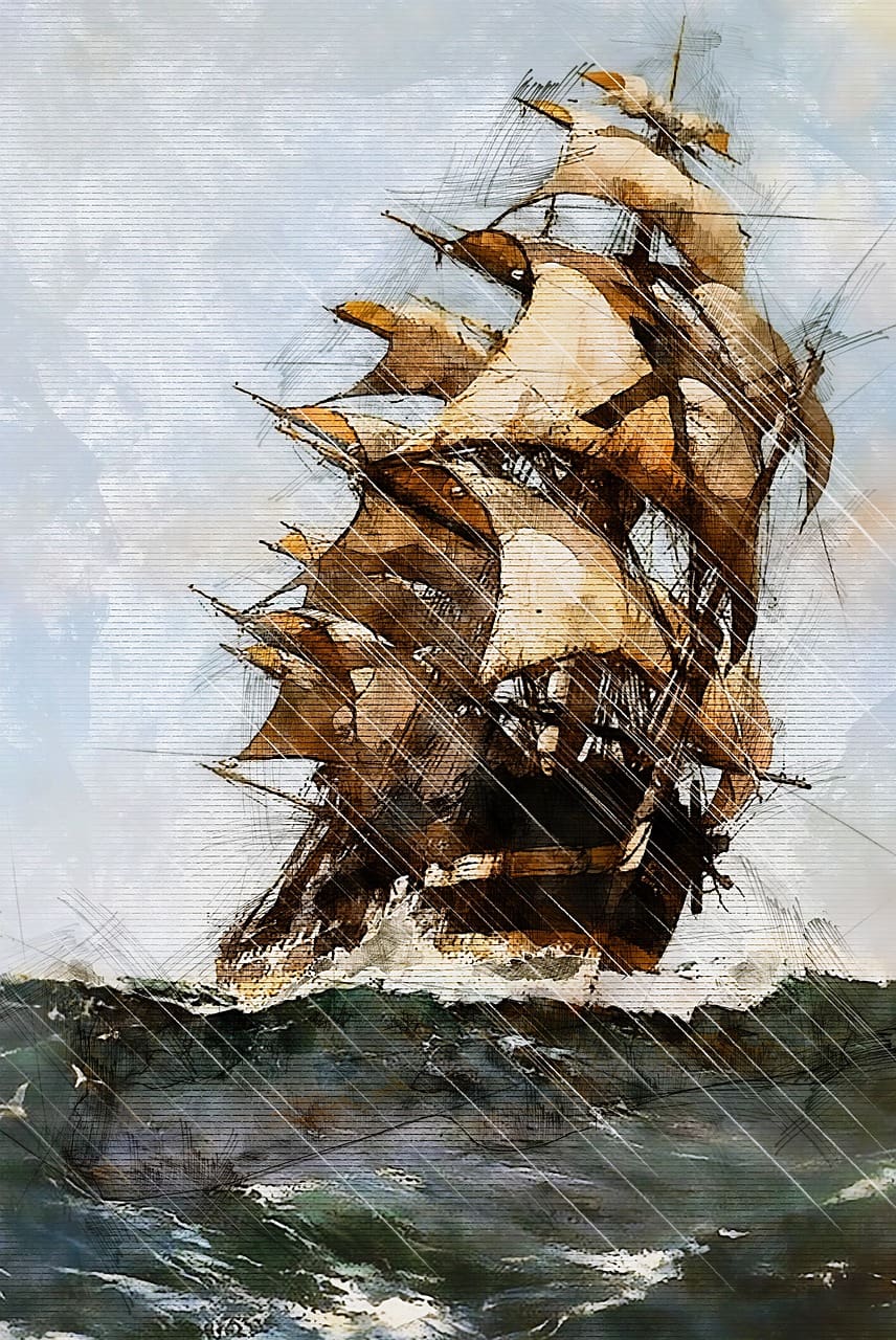 A painting of a ship in the ocean