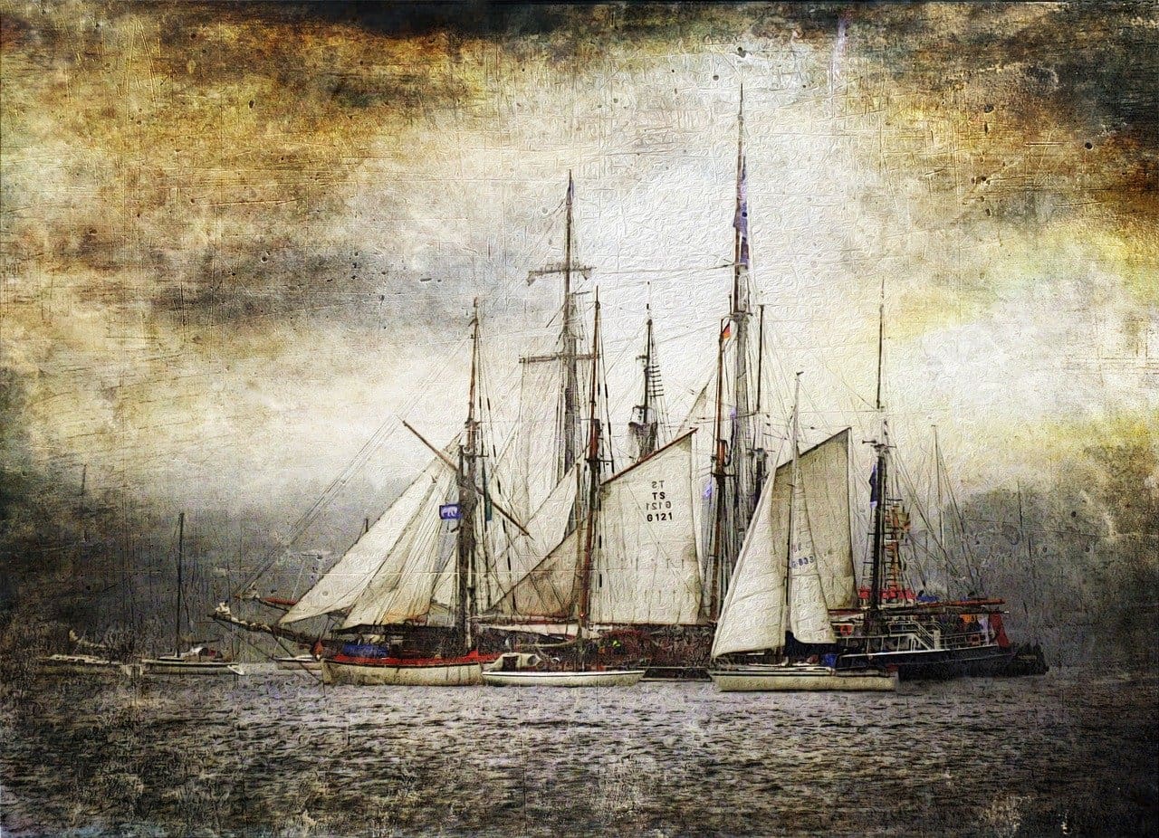 A painting of a large sail boat in the ocean.