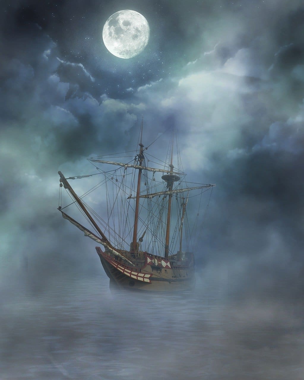 A painting of a boat in the middle of the night.