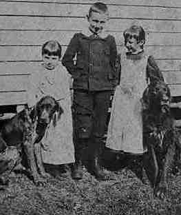 A group of children and dogs in front of a house.