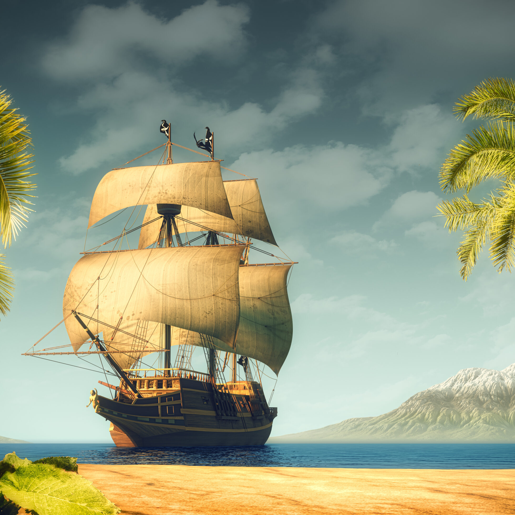 A pirate ship on the beach with palm trees in the background.