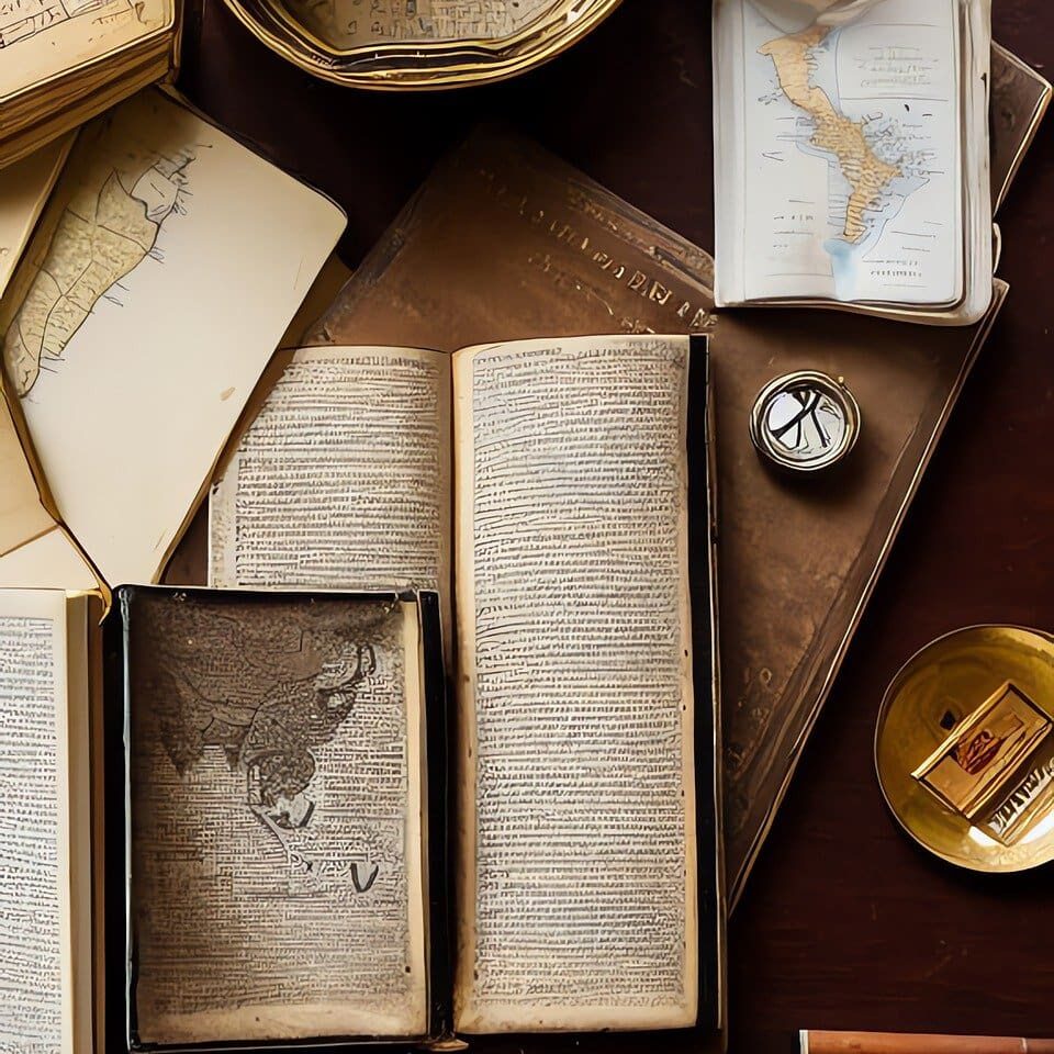 A table with several books and a compass on it.